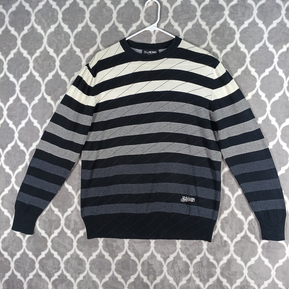 Billabong Sweater Men L Black Gray Cream Striped Crewneck Skate Surf Cotton
